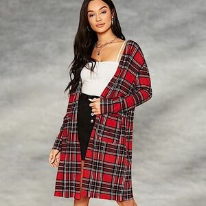 Preppy Plaid Tartan Print Side Pocket Cardigan